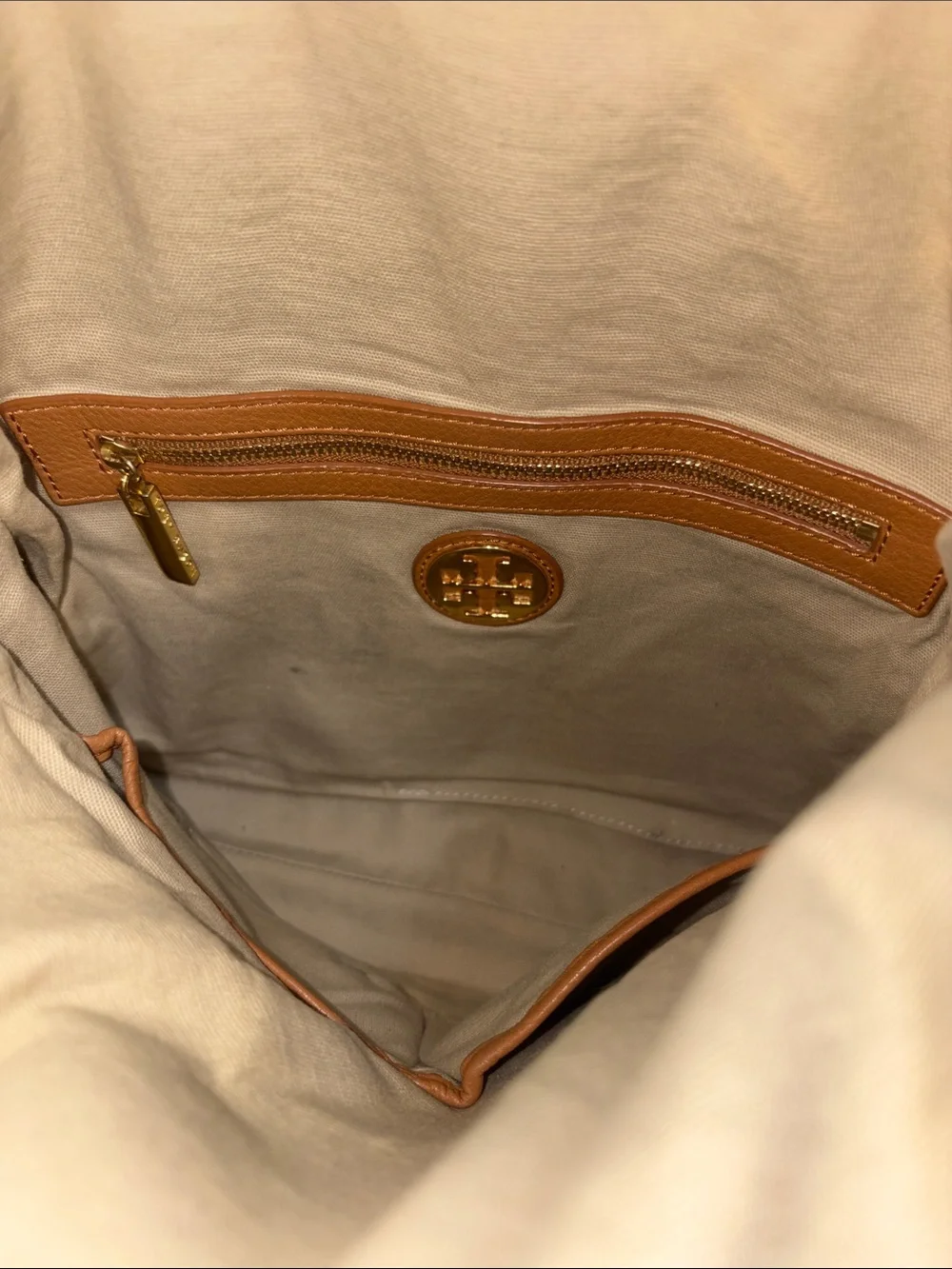 Tory Burch Cognac Pebbled Leather Fold-Over Clutch with Logo
